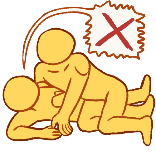 A drawing of two emoji yellow people, one being pinned laying down on the ground underneath the other one. The one on top is kneeling over the other person, who has one hand pinned to their chest and the other on the ground next to them. The person on the ground is speaking a spiky speech bubble with a large red X in it.